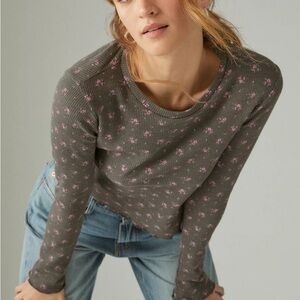 Lucky Brand Olive Green Ditsy Print Crewneck Waffle Long Sleeve Cropped Top XL